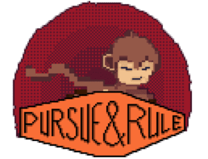 Pursue & Rule logo featuring a running monkey in pixel art style above bold text on an orange-red background.